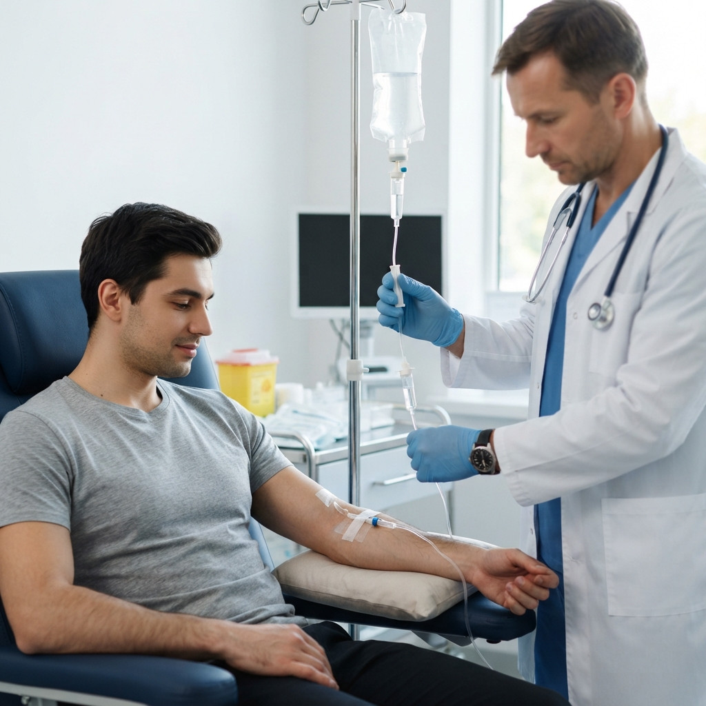 Врач проводит инфузионную терапию пациенту при амфетаминовой детоксикации